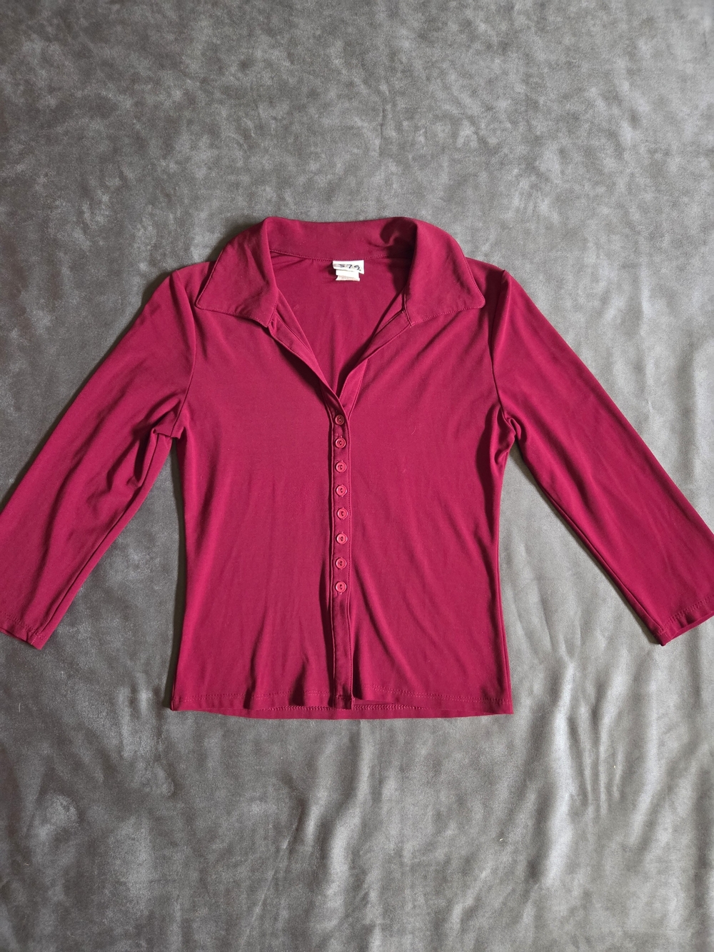 5-7-9 Wine Red Button Front Collared Top 3/4 Sleeve S